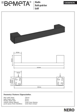 Barre d'appui de douche NERO en laiton noir 32 x4 x6 cm