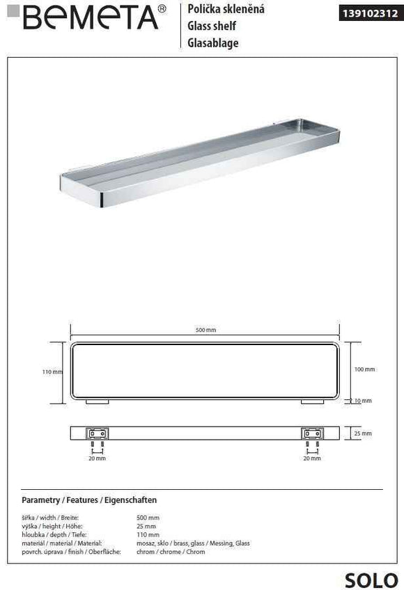 Etagère de douche murale SOLO en verre et laiton chromé 50 x2,5 x11 cm