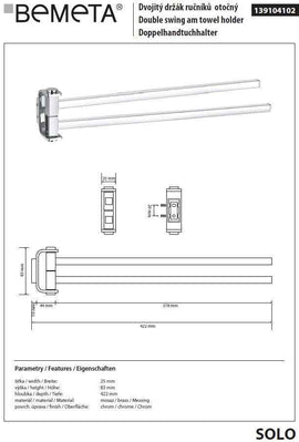 Porte-serviettes double rotatif mural SOLO en laiton chromé 42,2 cm