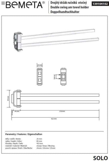 Porte-serviettes double rotatif mural SOLO en laiton chromé 42,2 cm