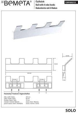 Patère quadruple rectangulaire SOLO en laiton chromé 20,5 cm