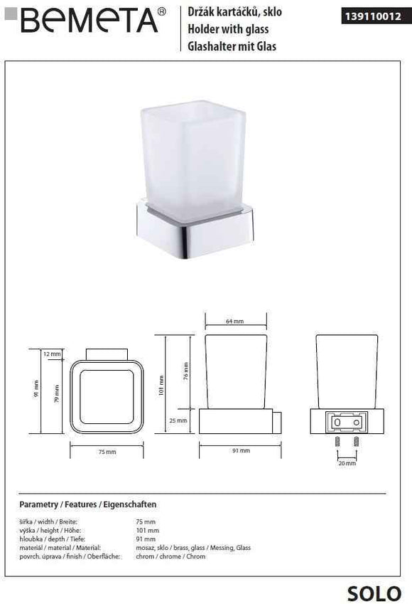 Porte-verre SOLO en laiton chromé et verre 7,5 x10,1 x9,1 cm