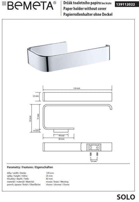 Dérouleur papier toilette SOLO en laiton chromé 12,9 x2,5 x8,2 cm