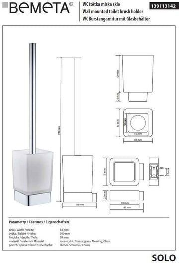Goupillon de toilette mural SOLO en verre et laiton chromé 39 x8,3 x9,3 cm