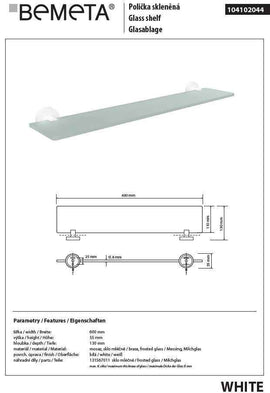 Etagère de douche murale WHITE 60 cm en verre
