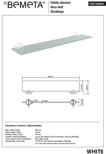 Etagère de douche murale WHITE 60 cm en verre