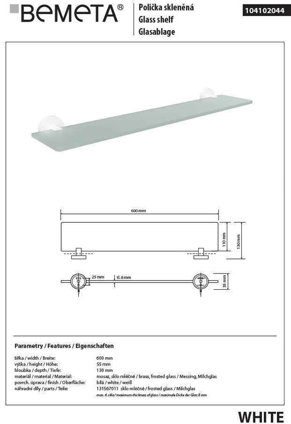Etagère de douche murale WHITE 60 cm en verre