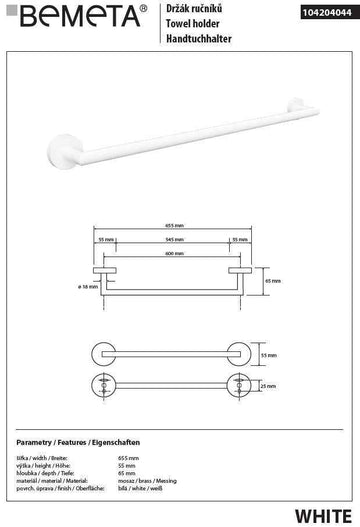 Porte-serviettes mural WHITE en laiton blanc 65,5cm