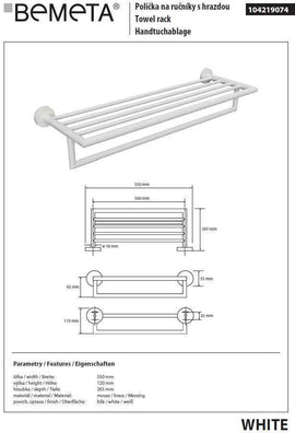 Etagère porte-serviettes de douche WHITE en laiton blanc 55 x12 x26,5 cm