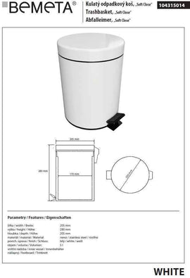 Poubelle de douche à soft close WHITE en laiton blanc / 5L