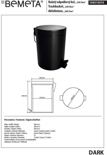 Poubelle de douche à soft close DARK en laiton noir / 5L
