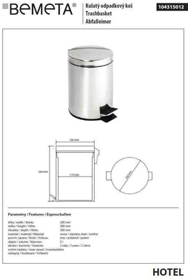 Poubelle de douche HOTEL en acier poli / 5L