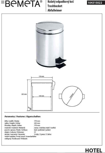 Poubelle de douche HOTEL en acier 17cm / 3L