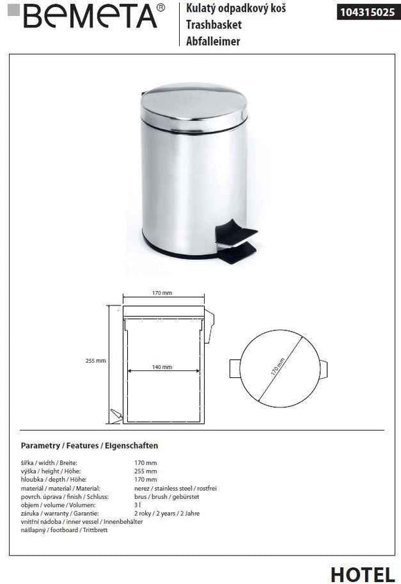 Poubelle de douche HOTEL en acier 17cm / 3L