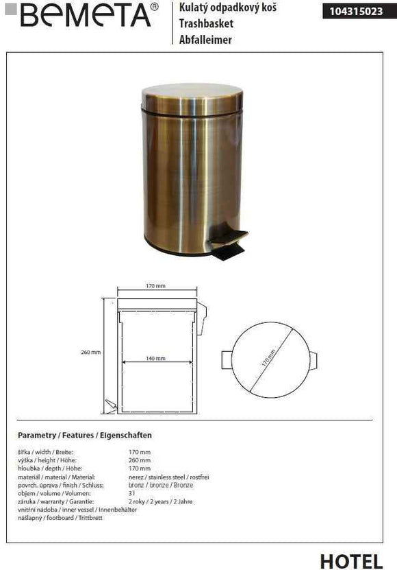Poubelle de douche HOTEL en acier 17cm / 3L