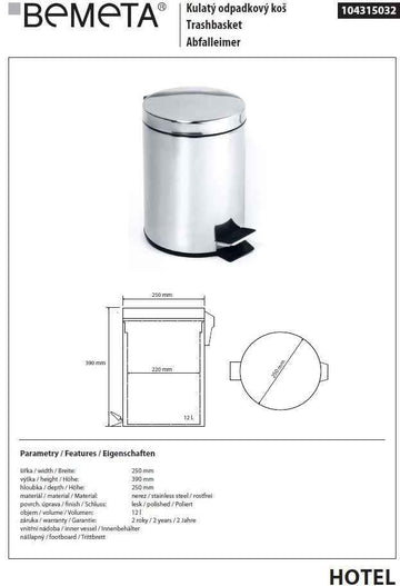 Poubelle de douche HOTEL en acier poli 25 cm / 12 L
