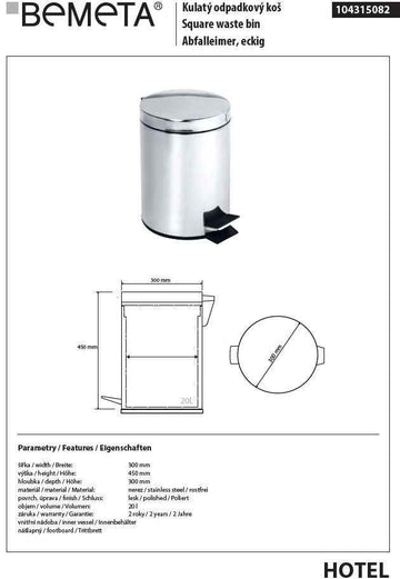 Poubelle de cuisine HOTEL en acier poli 30 cm / 20 L