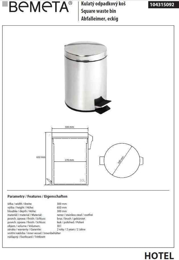 Poubelle de cuisine HOTEL en acier poli 30 cm / 30 L