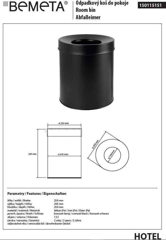 Poubelle de chambre HOTEL en comaxite noir ø 25 cm / 7,5 L