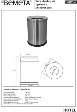 Poubelle de chambre HOTEL en acier brossé ø 24,5 cm / 7,5 L