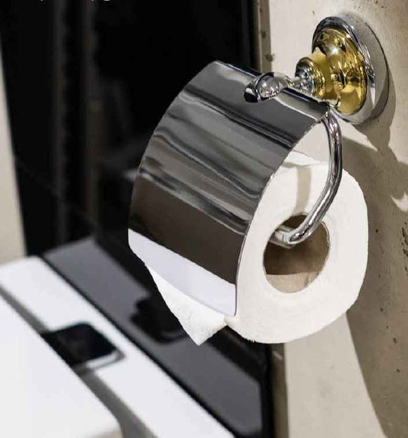 Dérouleur papier toilette avec couvercle RETRO chromé doré 14x15x10cm