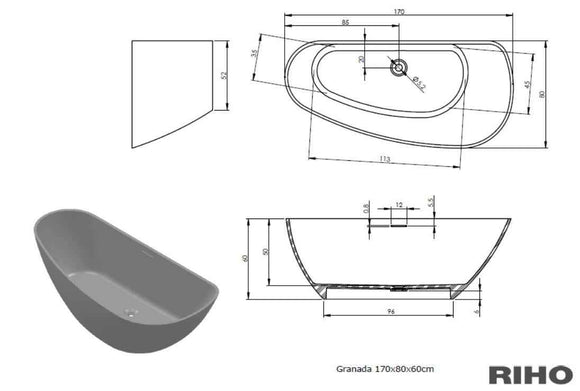 Baignoire îlot en Solid Surface RIHO GRANADA 170x80 cm angle gauche
