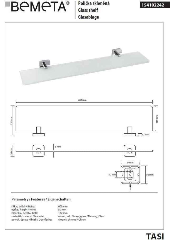 Etagère, tablette murale de douche TASI en verre 60 cm