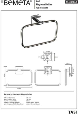 Anneau de serviette rectangulaire 20,5 cm TASI en laiton chromé
