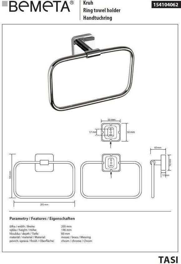 Anneau de serviette rectangulaire 20,5 cm TASI en laiton chromé
