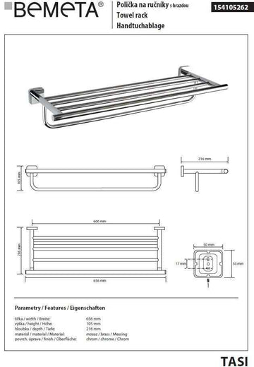 Etagère de douche porte-serviettes TASI en laiton chromé 65,6 x10,5 x21,6 cm