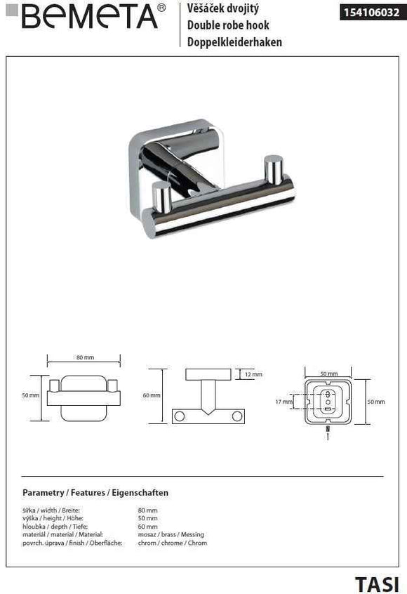 Double patère murale TASI en laiton chromé 8 x5 x6 cm