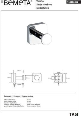 Patère simple murale TASI en laiton chromé 5 x5 5,7 cm