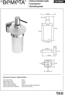 Distributeur de savon liquide mural TASI en laiton chromé et en verre / 230 ml