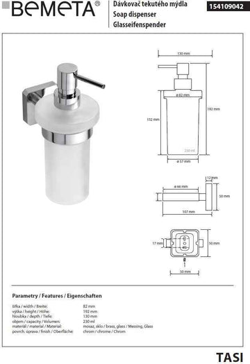 Distributeur de savon liquide mural TASI en laiton chromé et en verre / 230 ml