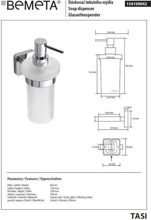 Distributeur de savon liquide mural TASI en laiton chromé et en verre / 230 ml