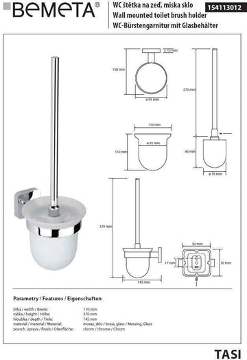 Goupillon de toilettes mural TASI en laiton chromé et en verre 37 x11 x14,5 cm