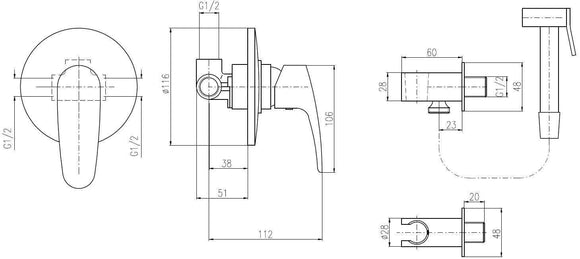Mitigeur de douche encastrable avec douchette AMUR laiton chromé