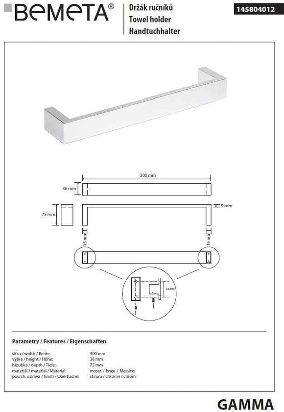 Porte-serviette mural GAMMA en laiton chromé 30 x7,5 x3,6 cm