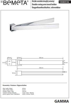 Porte-serviette rotatif double mural GAMMA en laiton chromé 42 x5,5 x4 cm