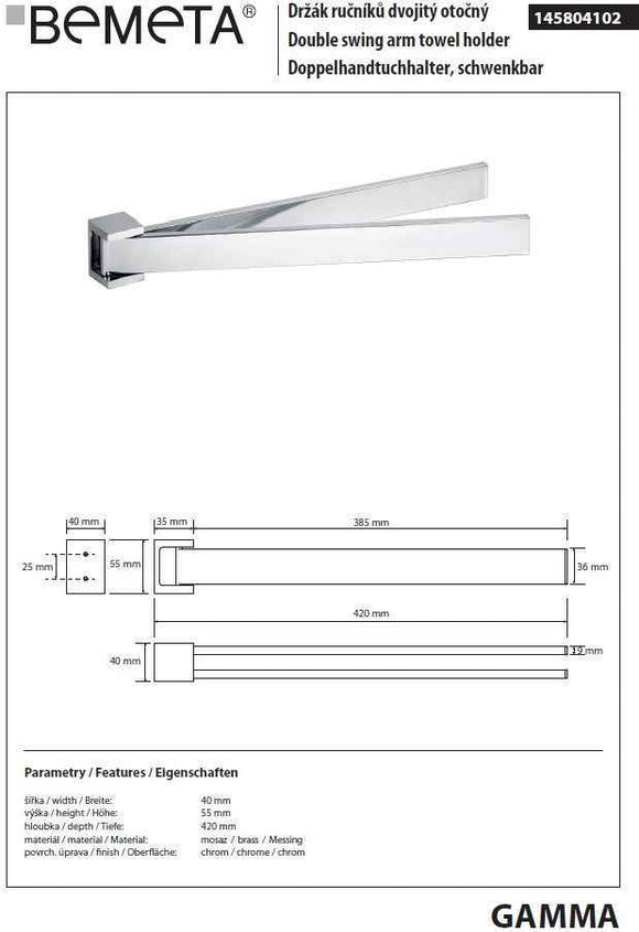 Porte-serviette rotatif double mural GAMMA en laiton chromé 42 x5,5 x4 cm