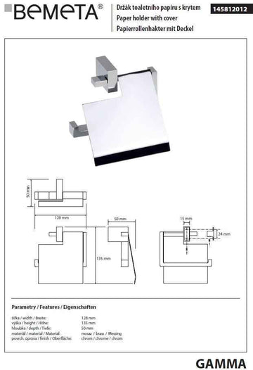 Dérouleur papier toilettes avec couvercle GAMMA en laiton chromé 13,5 x12,8 x5 cm