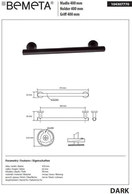 Barre de maintien de douche en laiton noir DARK 47 x9 x6,5 cm