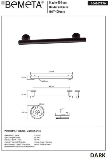 Barre de maintien de douche en laiton noir DARK 47 x9 x6,5 cm