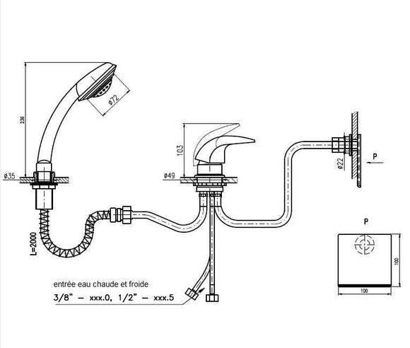 Mitigeur baignoire à cascade DANUBA 3 trous en laiton chromé