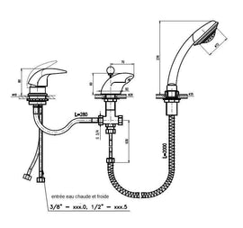 Mitigeur baignoire à cascade 3 trous DANUBIO avec inverseur en laiton chromé
