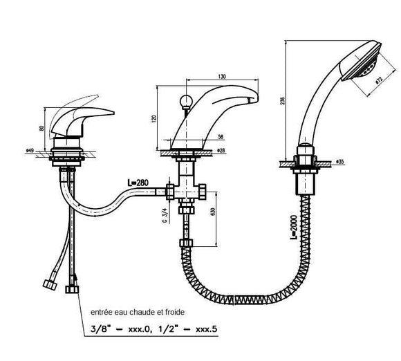 Mitigeur baignoire à cascade 3 trous DANUBE avec inverseur en laiton chromé