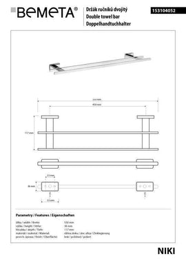 Porte-serviette double mural NIKI en alliage de zinc poli 55 x11,7 x3,6 cm