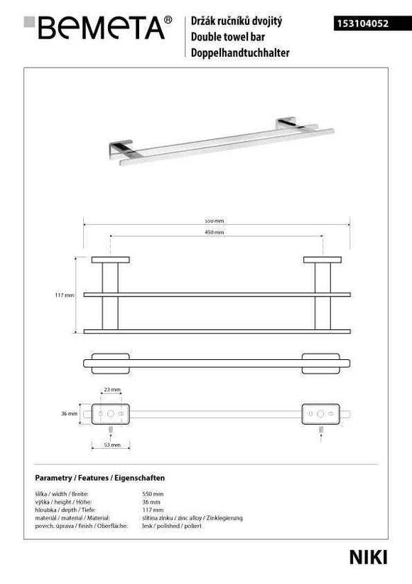 Porte-serviette double mural NIKI en alliage de zinc poli 55 x11,7 x3,6 cm