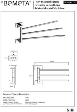 Porte-serviette triple pivotant mural NIKI 35 x17,5 x4,2 cm