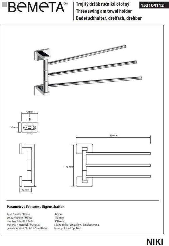 Porte-serviette triple pivotant mural NIKI 35 x17,5 x4,2 cm
